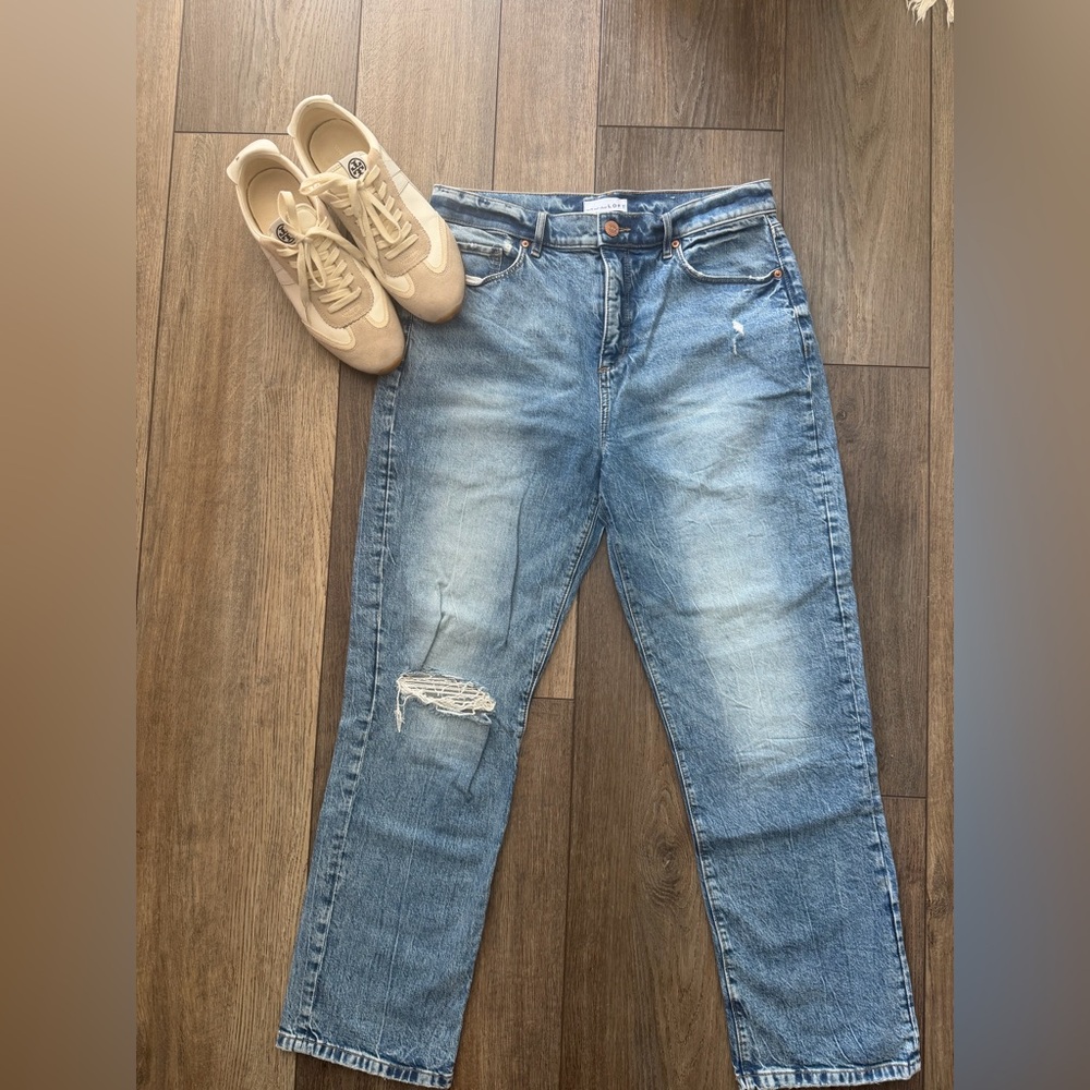 Loft Women’s Vintage-Inspired High Waist Straight Crop Distressed Blue Jeans 30